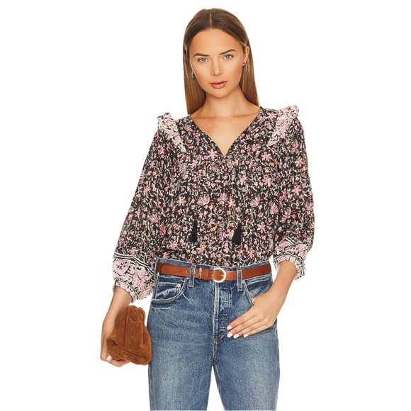 Cleobella Bohemian Ruffle Brynlee Blouse Fan Print Small Organic Indian Cotton - Picture 1 of 16